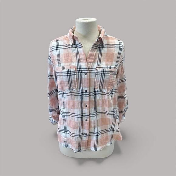 Kut from the Kloth Plaid Snap Button Up Shirt Size Medium Long Sleeve Preppy - Picture 2 of 16